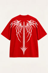 Black oversized tshirt with death metal text on front and white dark angel wings spine graphic on back, drop shoulder boxy fit, men India - red