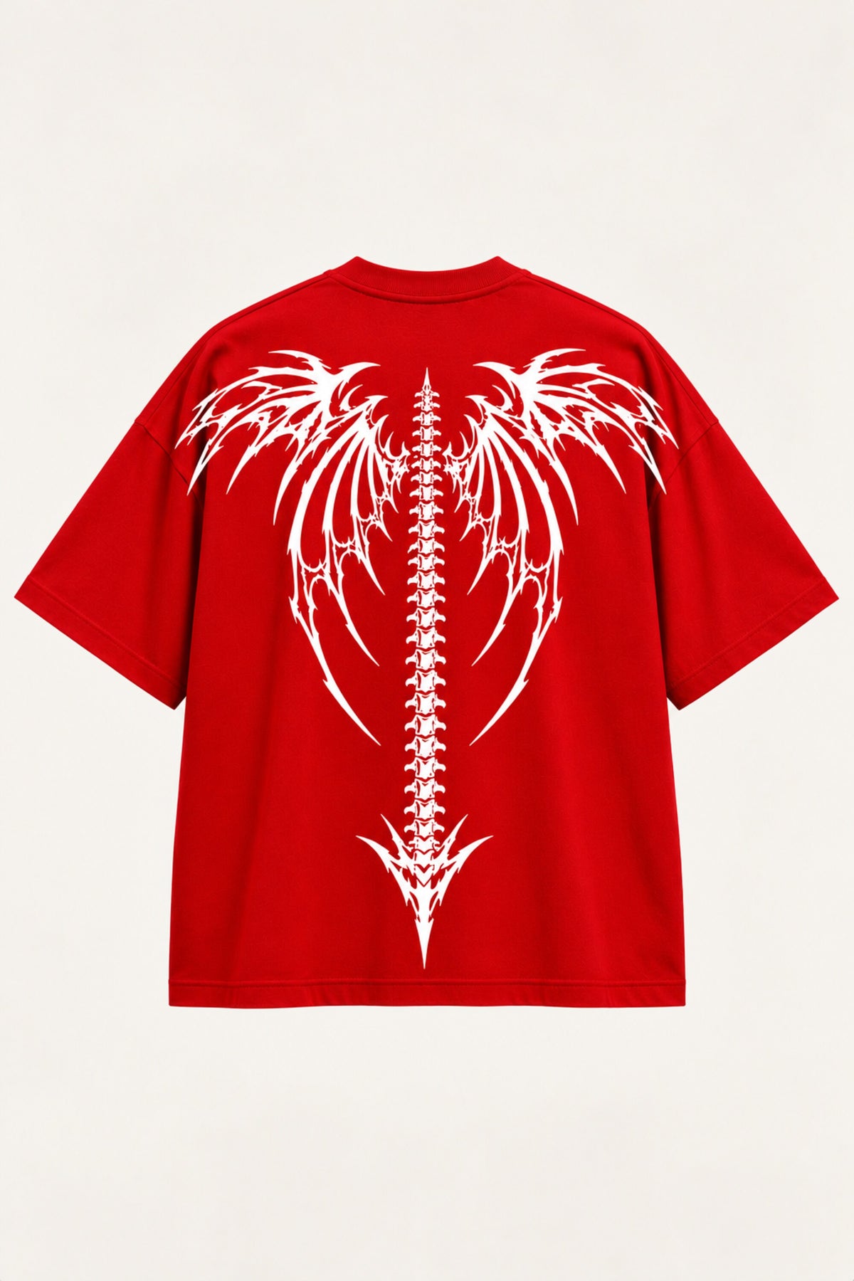 Black oversized tshirt with death metal text on front and white dark angel wings spine graphic on back, drop shoulder boxy fit, men India - red