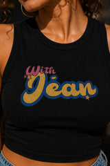 Black ribbed racerback crop tank top with With Jean retro groovy pink cursive and yellow blue text graphic Y2K aesthetic women top