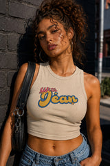 Black ribbed racerback crop tank top with With Jean retro groovy pink cursive and yellow blue text graphic Y2K aesthetic women top - beige