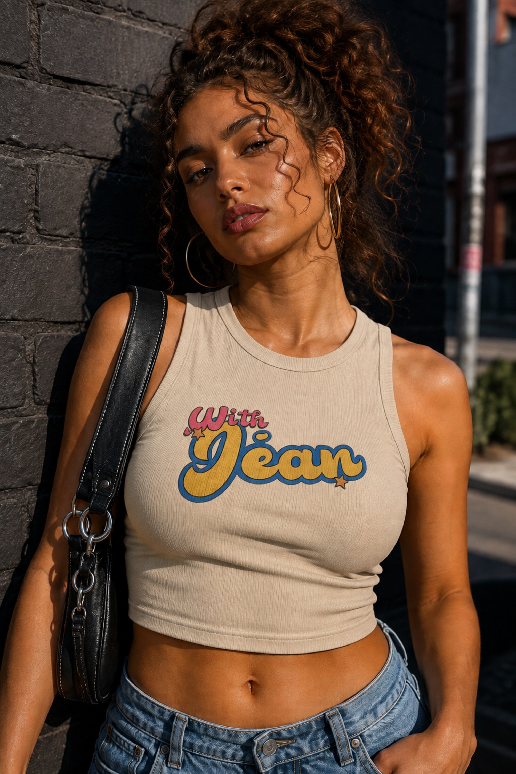 Black ribbed racerback crop tank top with With Jean retro groovy pink cursive and yellow blue text graphic Y2K aesthetic women top - beige