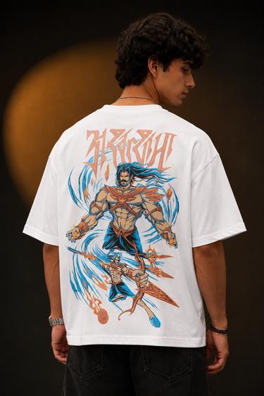 Red oversized t-shirt featuring a bold, blue and orange graphic of Ashwathama's eyes with "The Cursed Warrior" text. Model wearing the t-shirt.