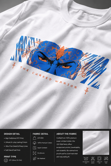 Red oversized t-shirt featuring a bold, blue and orange graphic of Ashwathama's eyes with "The Cursed Warrior" text. Model wearing the t-shirt.