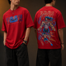 Red oversized t-shirt featuring a bold, blue and orange graphic of Ashwathama's eyes with "The Cursed Warrior" text. Model wearing the t-shirt. - red