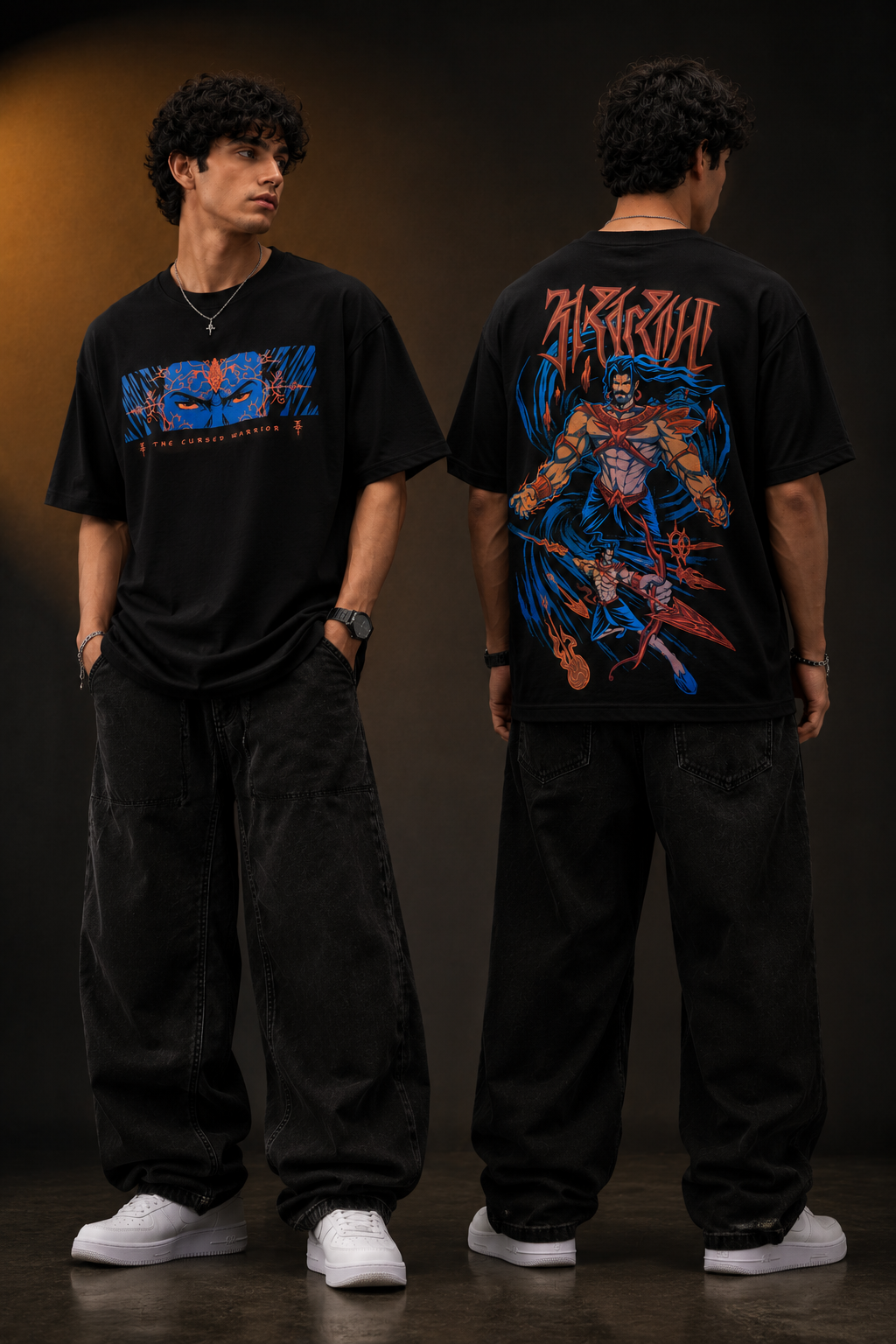 Red oversized t-shirt featuring a bold, blue and orange graphic of Ashwathama's eyes with "The Cursed Warrior" text. Model wearing the t-shirt. - black