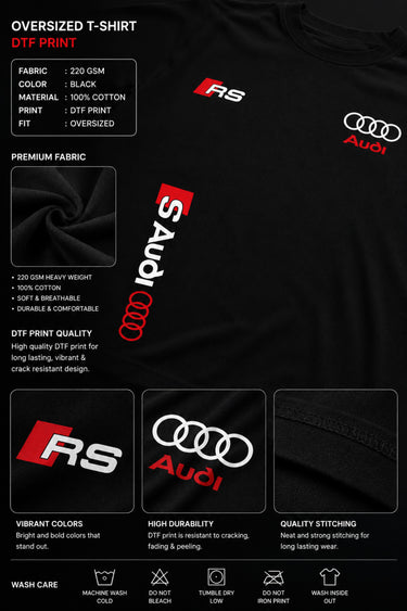 Black oversized Audi RS t-shirt with iconic white and red RS logo on the chest and Audi rings graphic. Premium fabric detail shown.