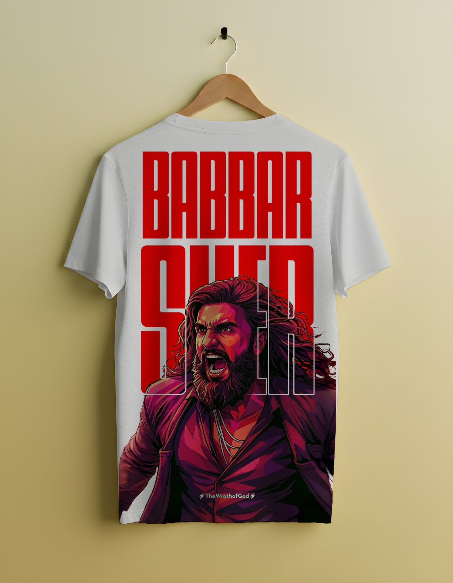 T-shirt with a graphic design of a person and text 'Babbar Suit' on a beige background