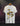 White t-shirt with colorful graphic design on a hanger against a dark background