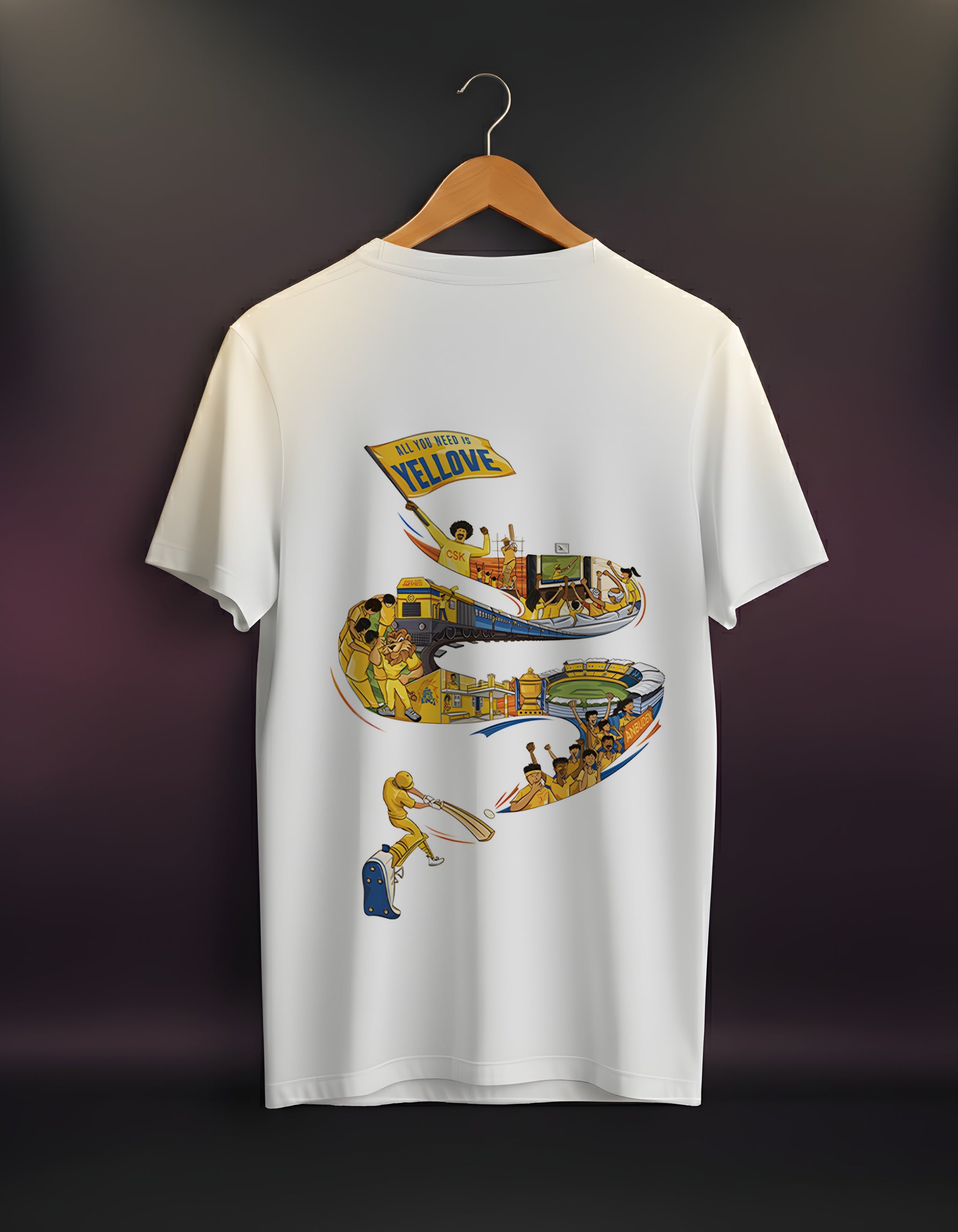 White t-shirt with colorful graphic design on a hanger against a dark background