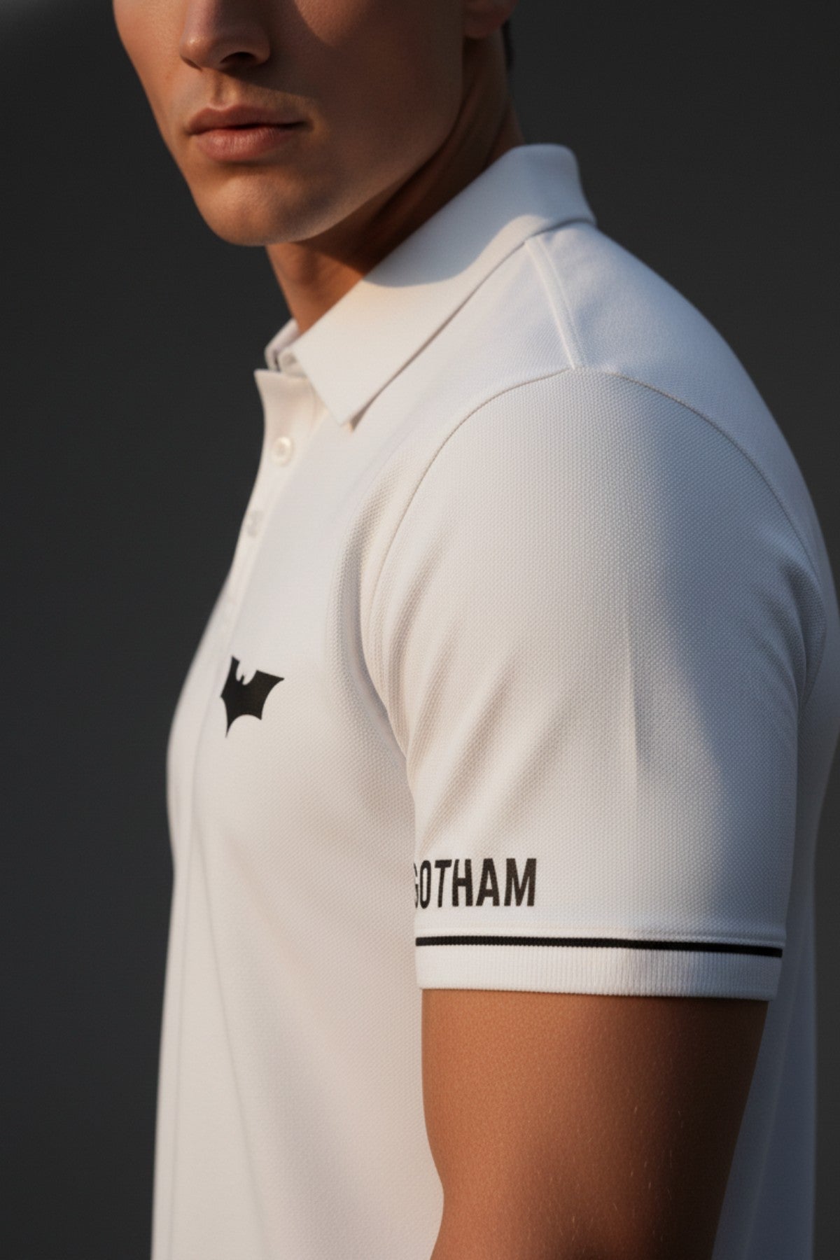 Batman Gotham City Polo T-Shirt for Men branding on a dark background