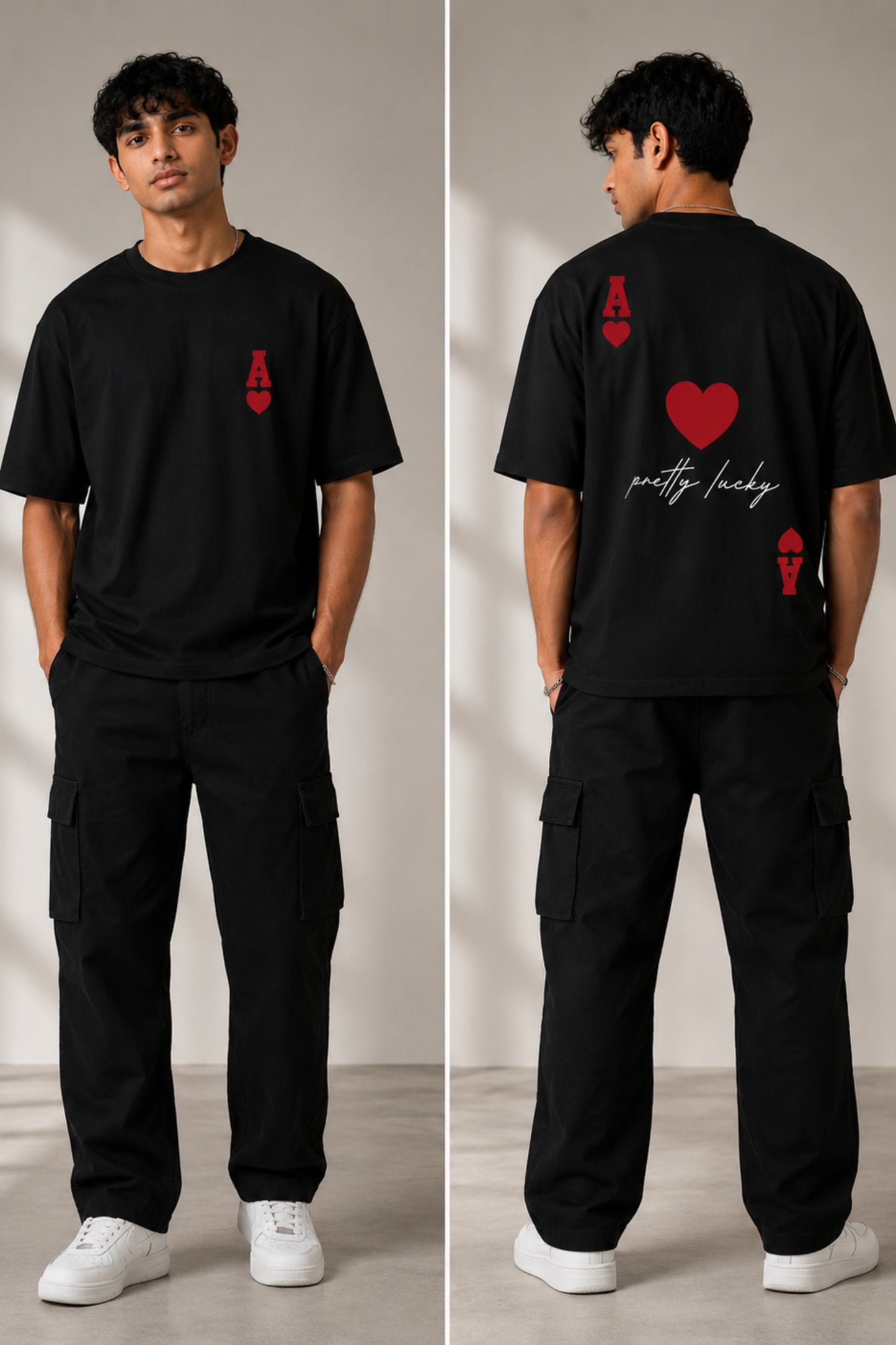 Man wearing a white oversized t-shirt with a large red Ace of Hearts graphic and 'pretty lucky' text on the back. Streetwear fashion. - black