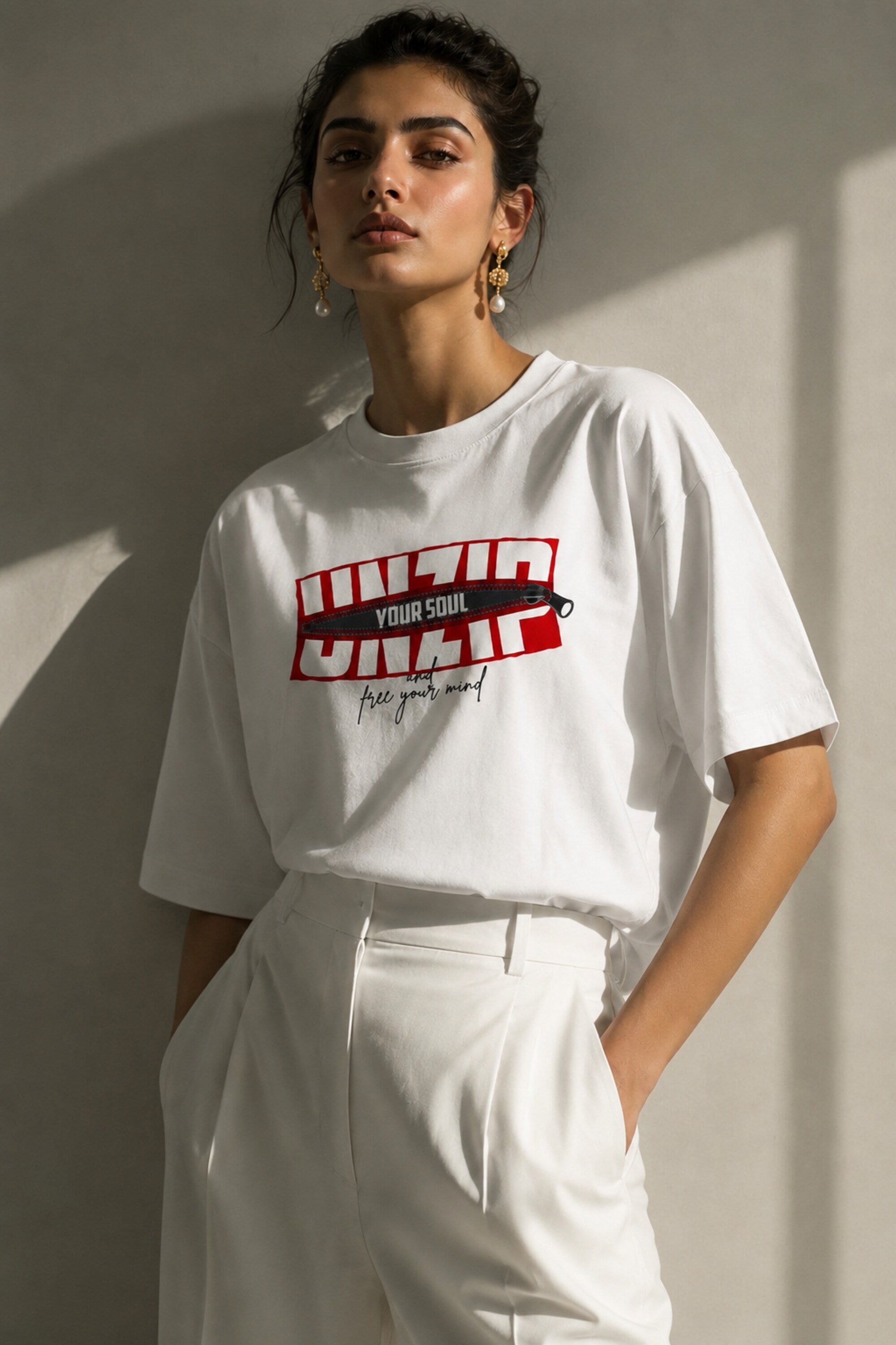 POPCASE white Unzip Your Soul zipper graphic oversized t shirt unisex bold red block text free your mind streetwear tshirt - white