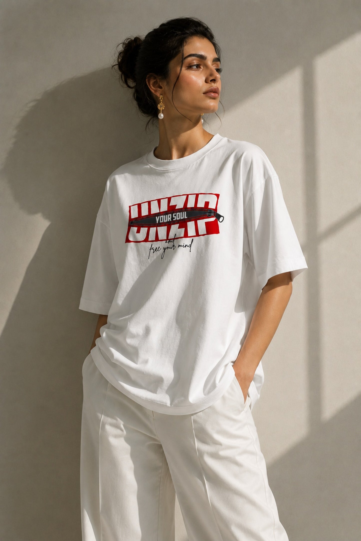 POPCASE white Unzip Your Soul zipper graphic oversized t shirt unisex bold red block text free your mind streetwear tshirt