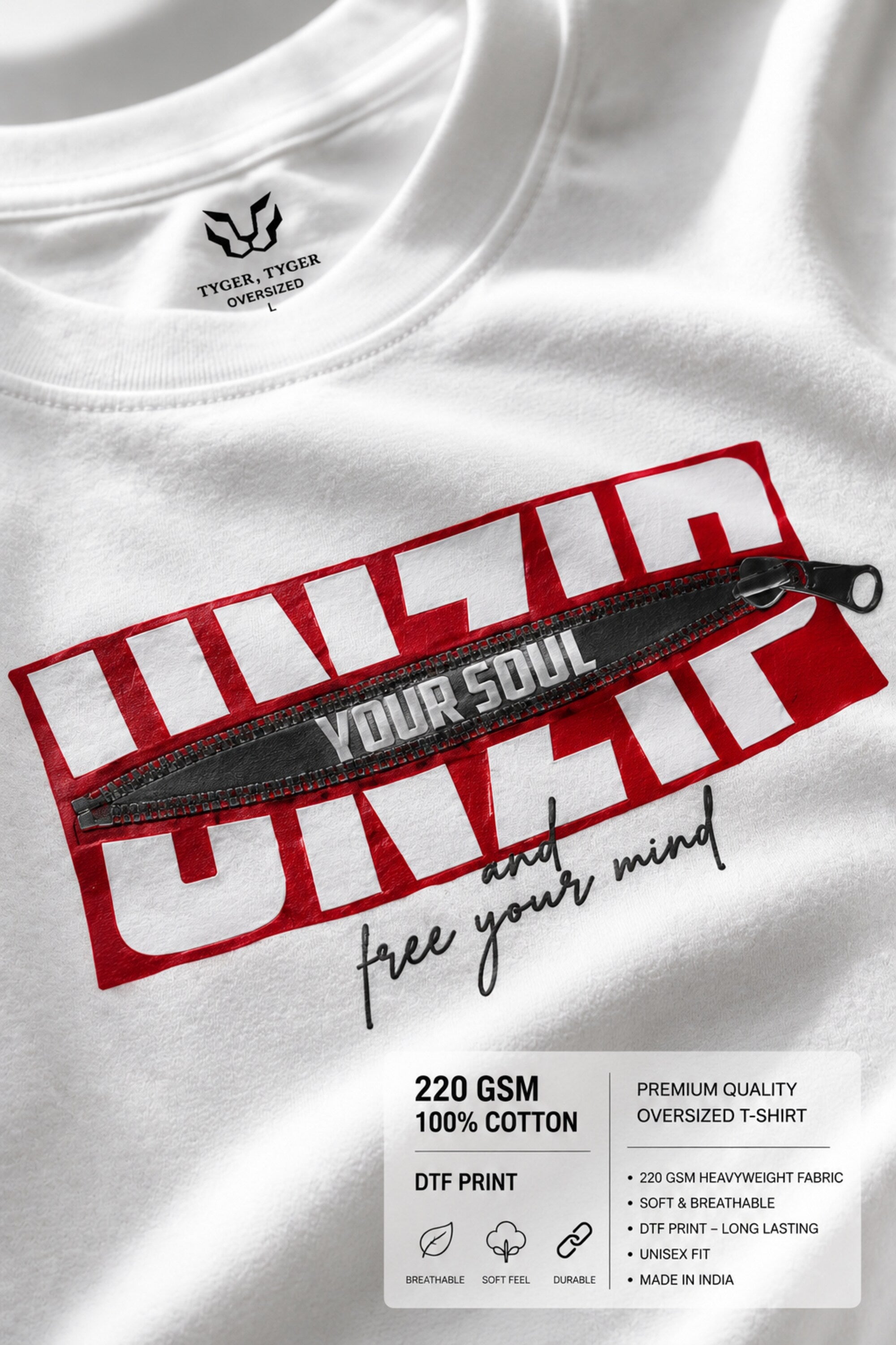 POPCASE white Unzip Your Soul zipper graphic oversized t shirt unisex bold red block text free your mind streetwear tshirt