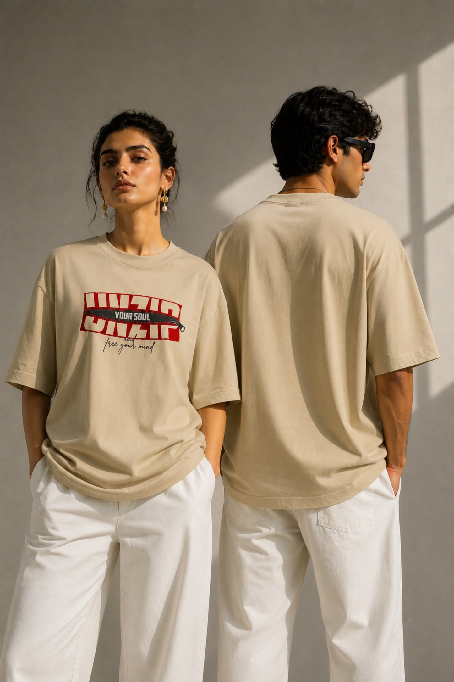 POPCASE white Unzip Your Soul zipper graphic oversized t shirt unisex bold red block text free your mind streetwear tshirt - beige