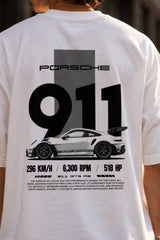 White t-shirt with Porsche 911 design on the back