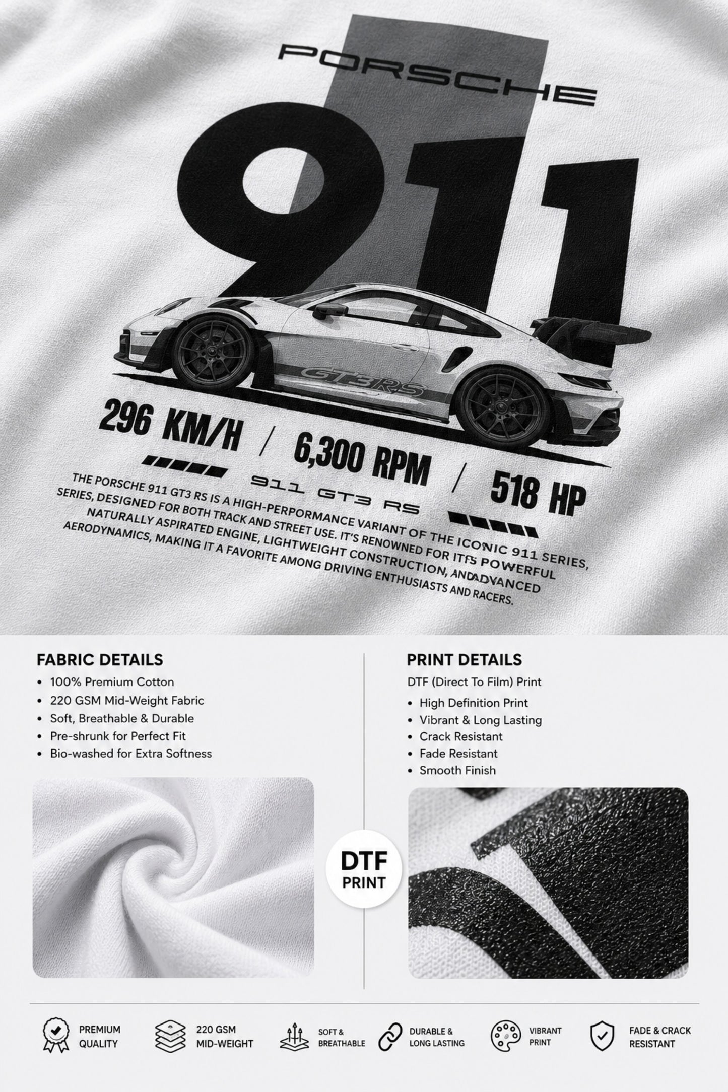 White t-shirt with Porsche 911 graphic and technical specifications on fabric texture background
