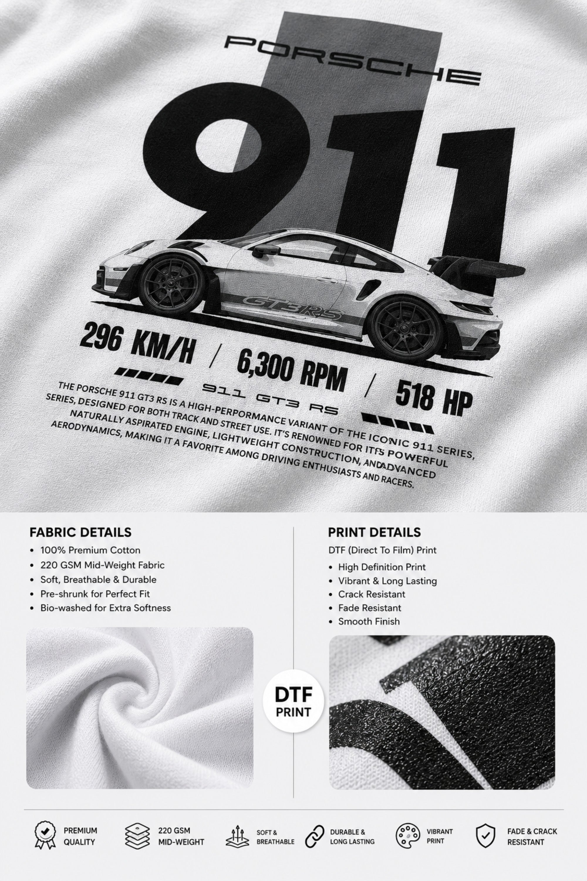 White t-shirt with Porsche 911 graphic and technical specifications on fabric texture background