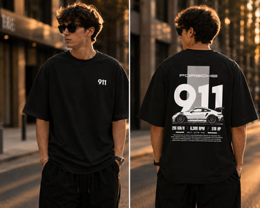 Person wearing a black t-shirt with Porsche 911 logo on the front and back.