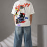 Red oversized t-shirt with 'Drift' graphic print in white and abstract black and yellow brush strokes. Focus on fabric texture and crew neckline. - white