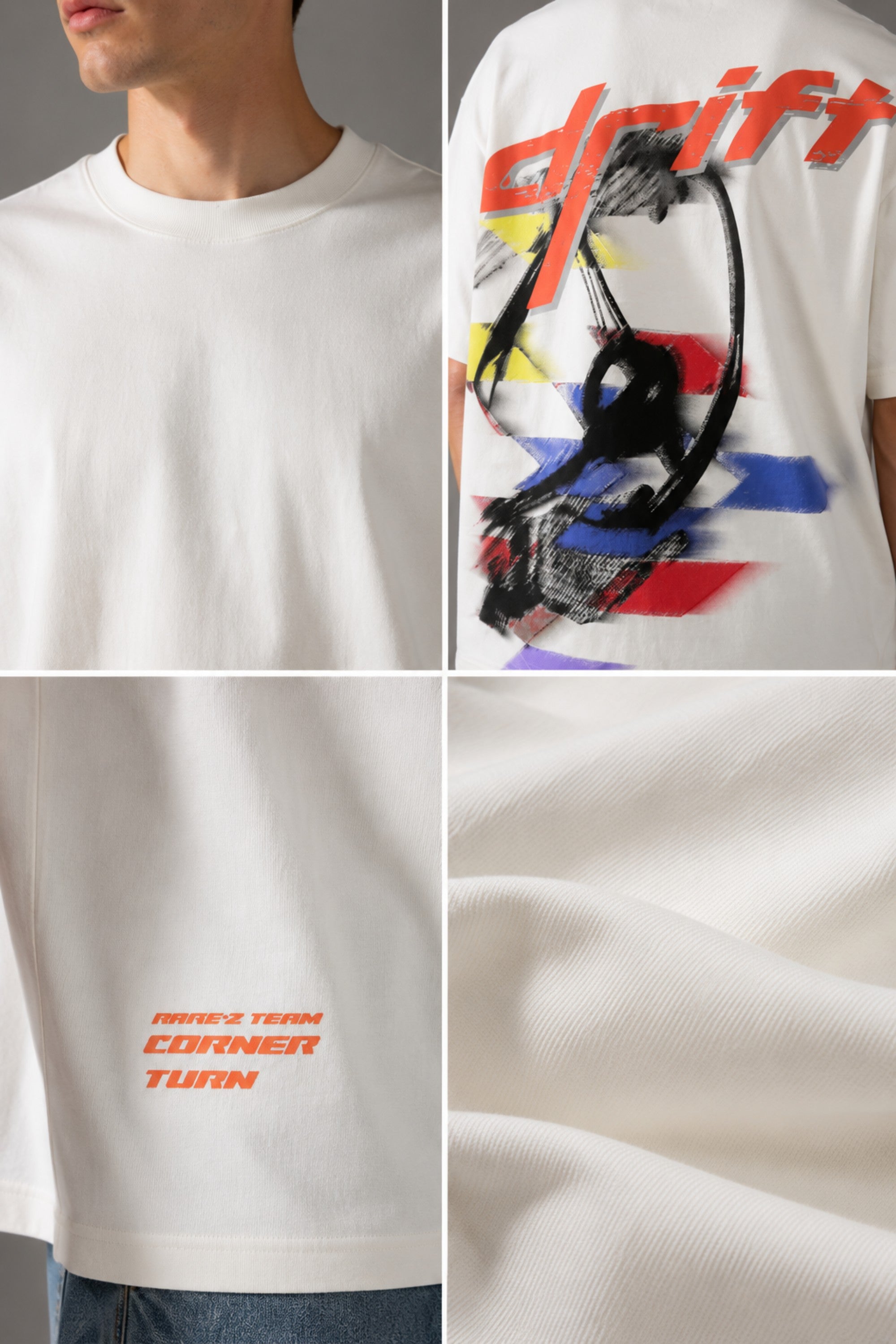 Red oversized t-shirt with 'Drift' graphic print in white and abstract black and yellow brush strokes. Focus on fabric texture and crew neckline.