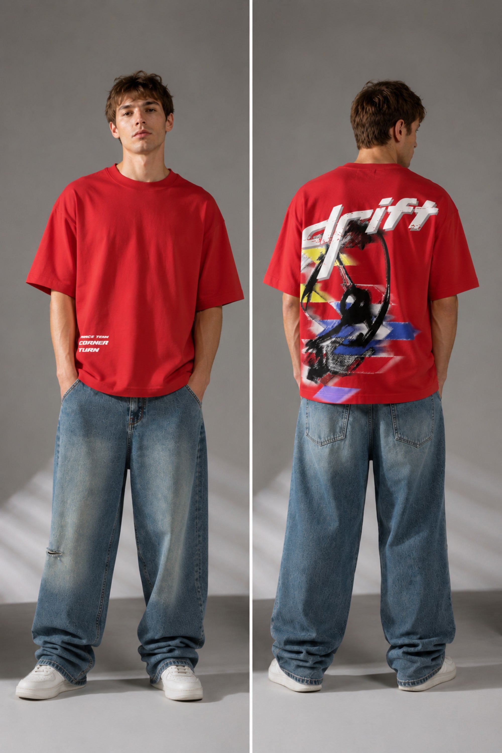 Red oversized t-shirt with 'Drift' graphic print in white and abstract black and yellow brush strokes. Focus on fabric texture and crew neckline. - red