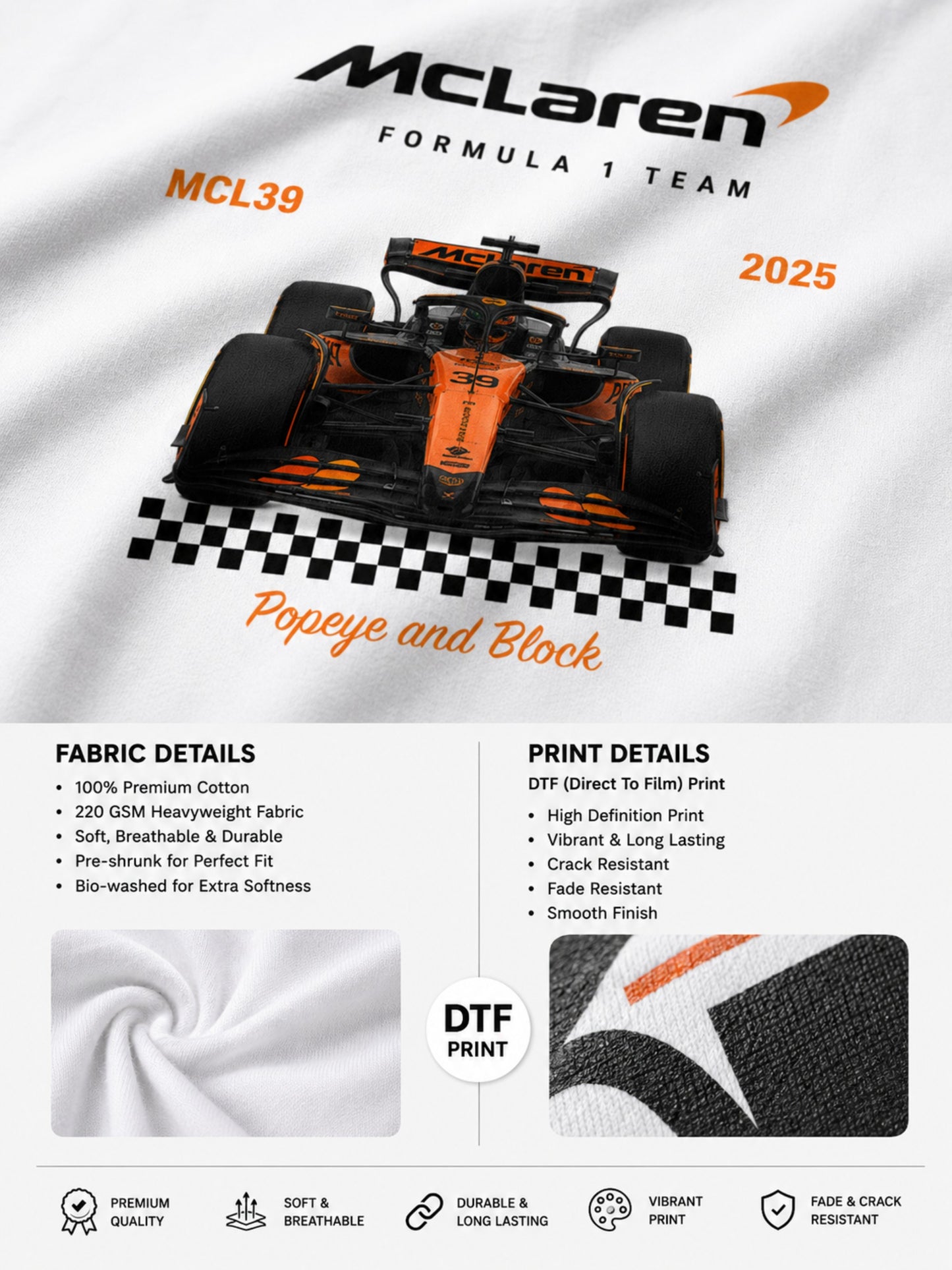 McLaren Formula 1 '2025 MCL39' design on a white oversized t-shirt, featuring a graphic of the F1 car on a checkered flag. Showcasing premium cotton fabric.
