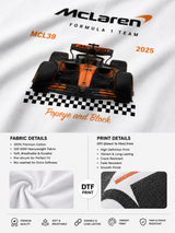 McLaren Formula 1 '2025 MCL39' design on a white oversized t-shirt, featuring a graphic of the F1 car on a checkered flag. Showcasing premium cotton fabric.