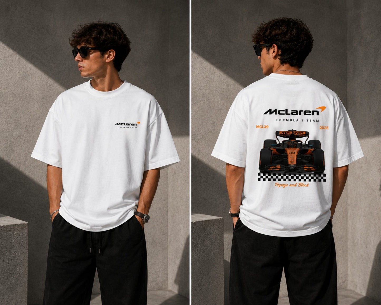 McLaren Formula 1 '2025 MCL39' design on a white oversized t-shirt, featuring a graphic of the F1 car on a checkered flag. Showcasing premium cotton fabric. - white