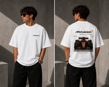 McLaren Formula 1 '2025 MCL39' design on a white oversized t-shirt, featuring a graphic of the F1 car on a checkered flag. Showcasing premium cotton fabric. - white