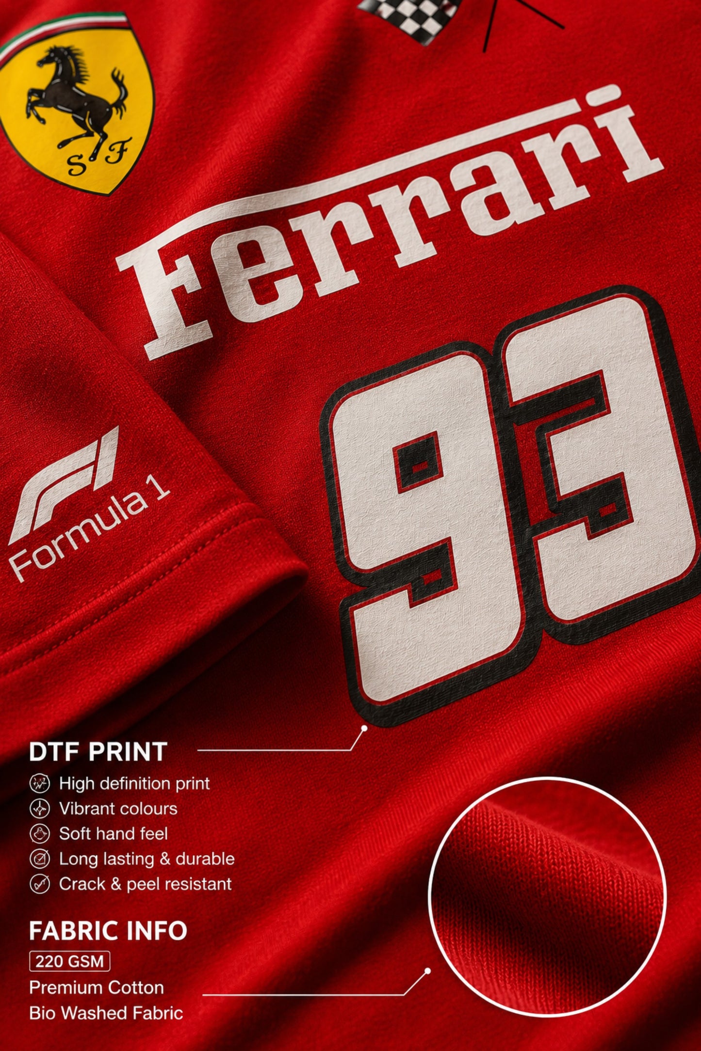 Close-up of a red Ferrari oversized t-shirt featuring the iconic yellow prancing horse logo and 'Ferrari 93' graphic. The fabric has a premium, textured look, showcasing high-quality print and material.