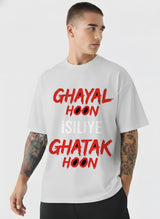 Man wearing a white t-shirt with red and black text on a white background