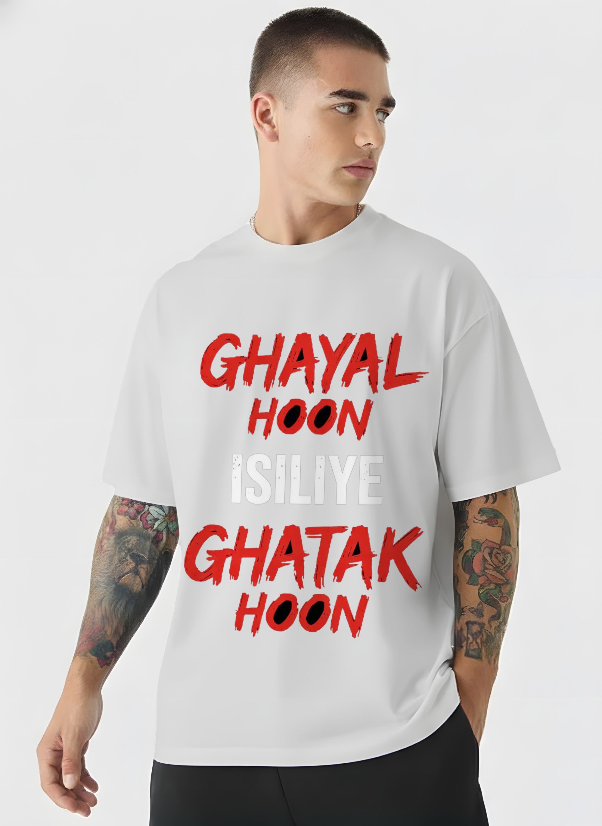 Man wearing a white t-shirt with red and black text on a white background