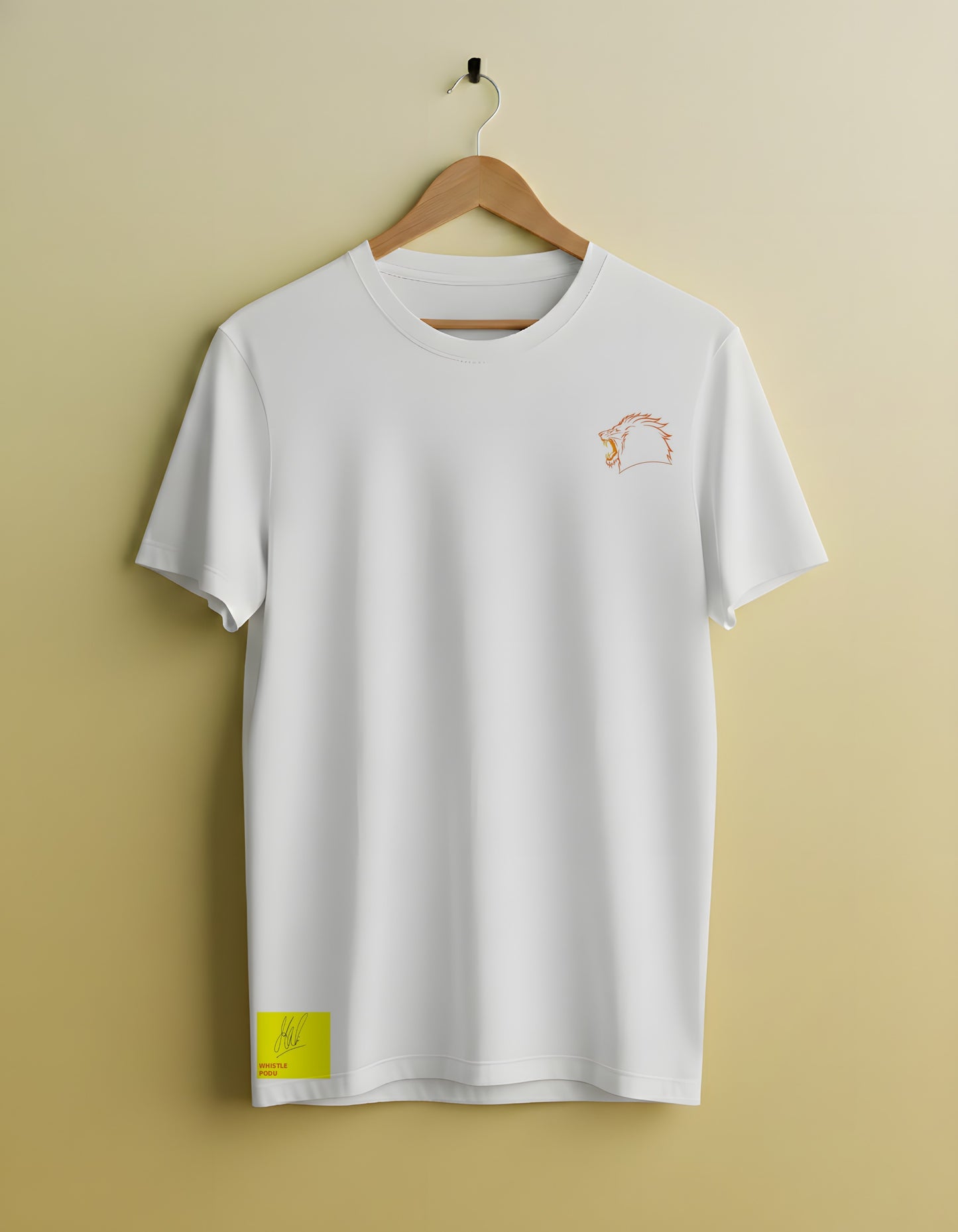 White t-shirt with a small logo on a hanger against a beige background