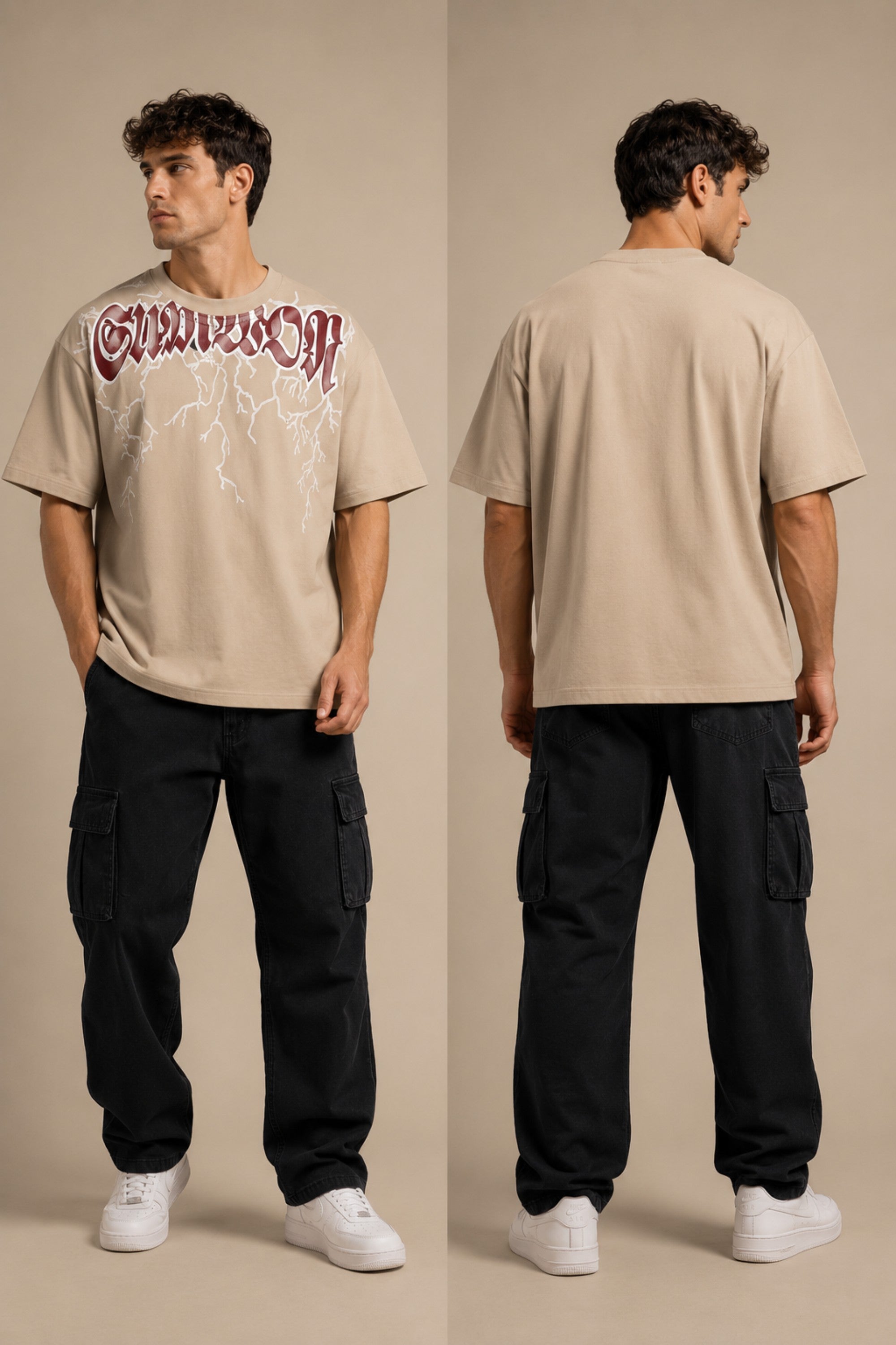 Guardian Design black oversized t-shirt with a bold red and white lightning bolt graphic print. Shot on a model, showcasing the relaxed, streetwear fit. - beige