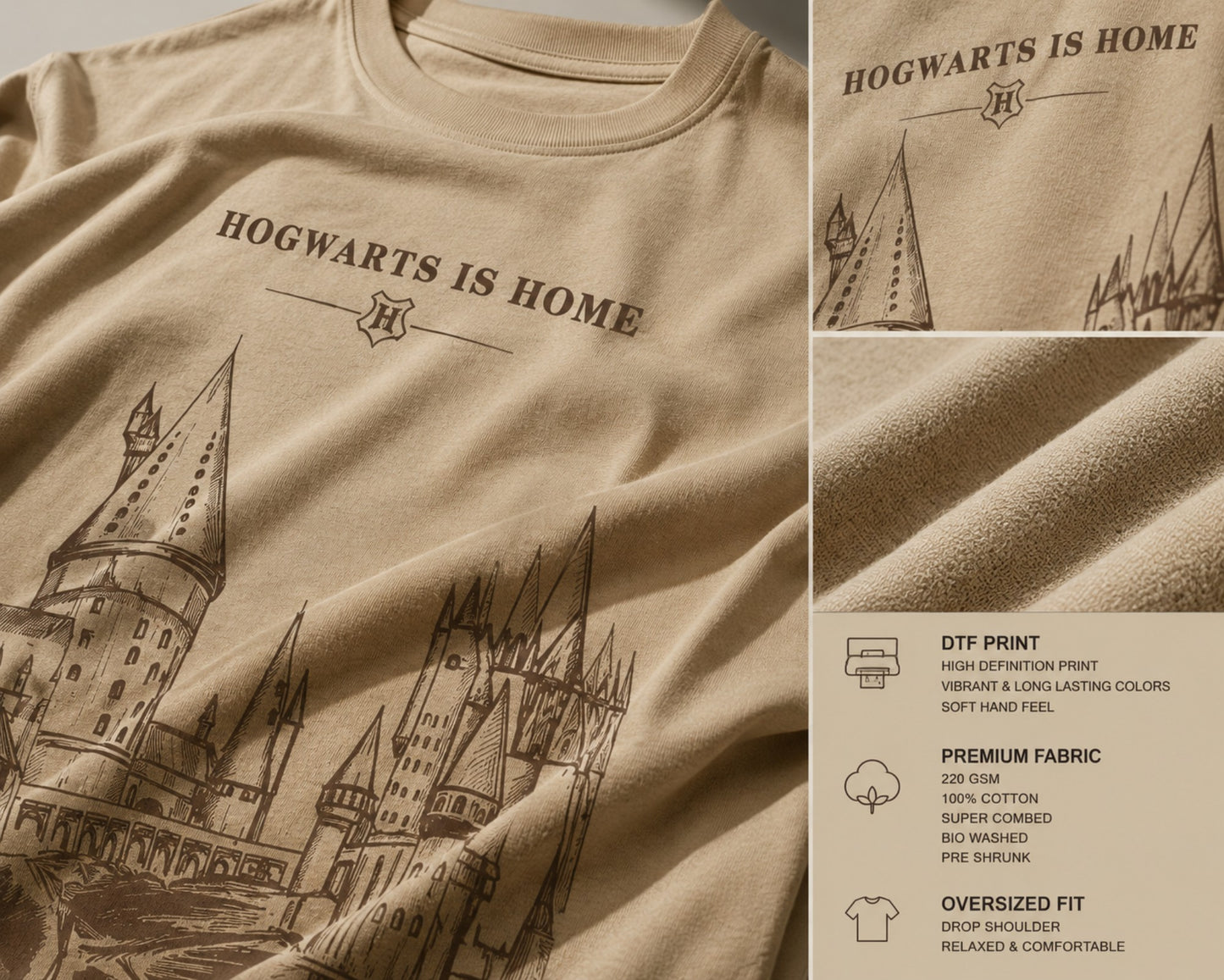 Beige oversized t-shirt with "Hogwarts is Home" text and a detailed sketch of Hogwarts castle. Premium cotton fabric visible.
