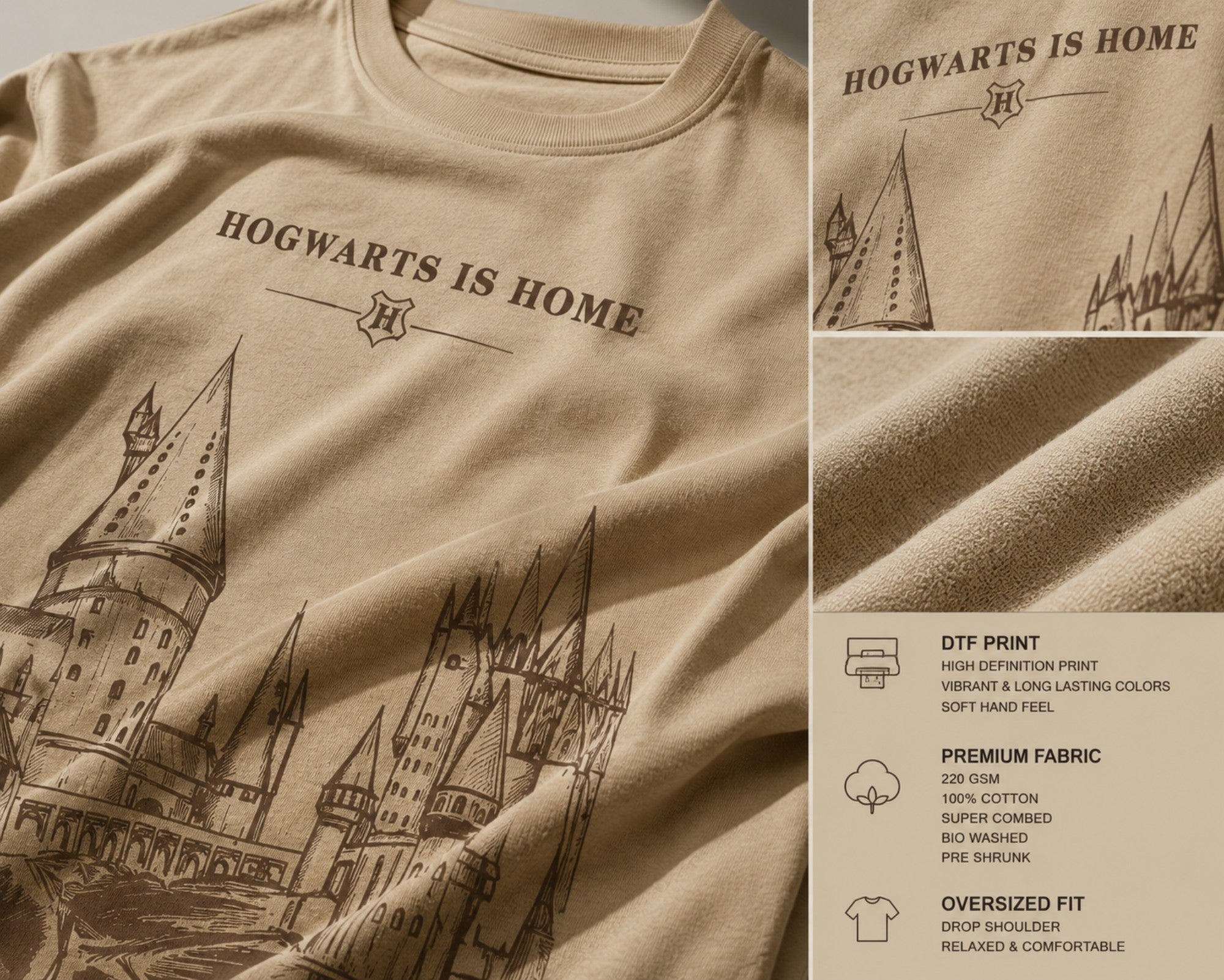 Beige oversized t-shirt with "Hogwarts is Home" text and a detailed sketch of Hogwarts castle. Premium cotton fabric visible.