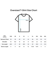 Oversized t-shirt size chart with measurements on a white background