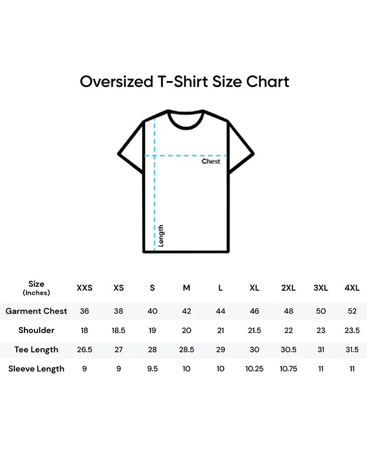 Oversized t-shirt size chart with measurements on a white background