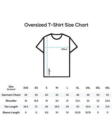 Oversized t-shirt size chart with measurements on a white background