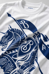Man wearing a black kuwansugg DESIGN oversized t-shirt with a white graphic print of a knight on a horse. The t-shirt is made of premium cotton. - white