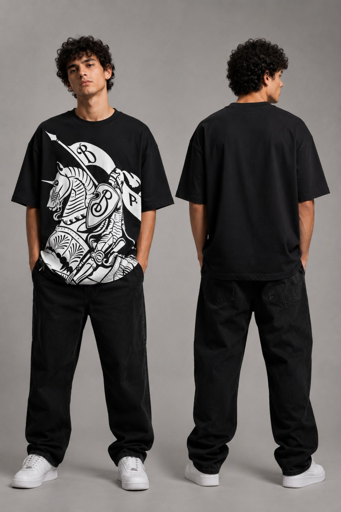 Man wearing a black kuwansugg DESIGN oversized t-shirt with a white graphic print of a knight on a horse. The t-shirt is made of premium cotton. - black