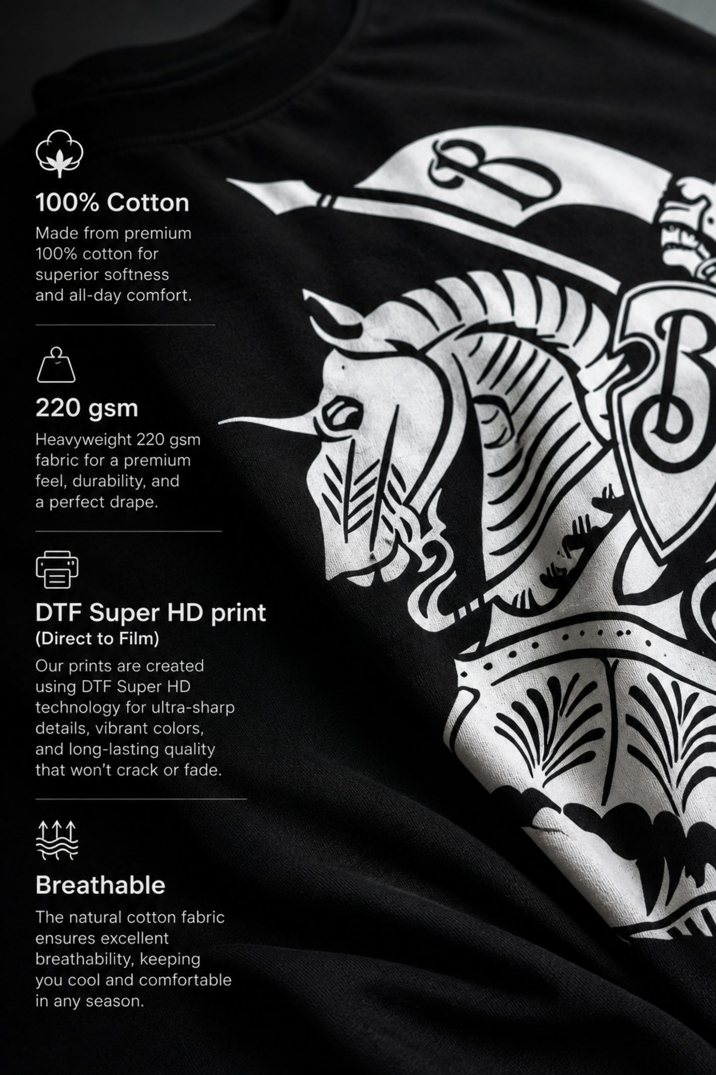 Man wearing a black kuwansugg DESIGN oversized t-shirt with a white graphic print of a knight on a horse. The t-shirt is made of premium cotton.
