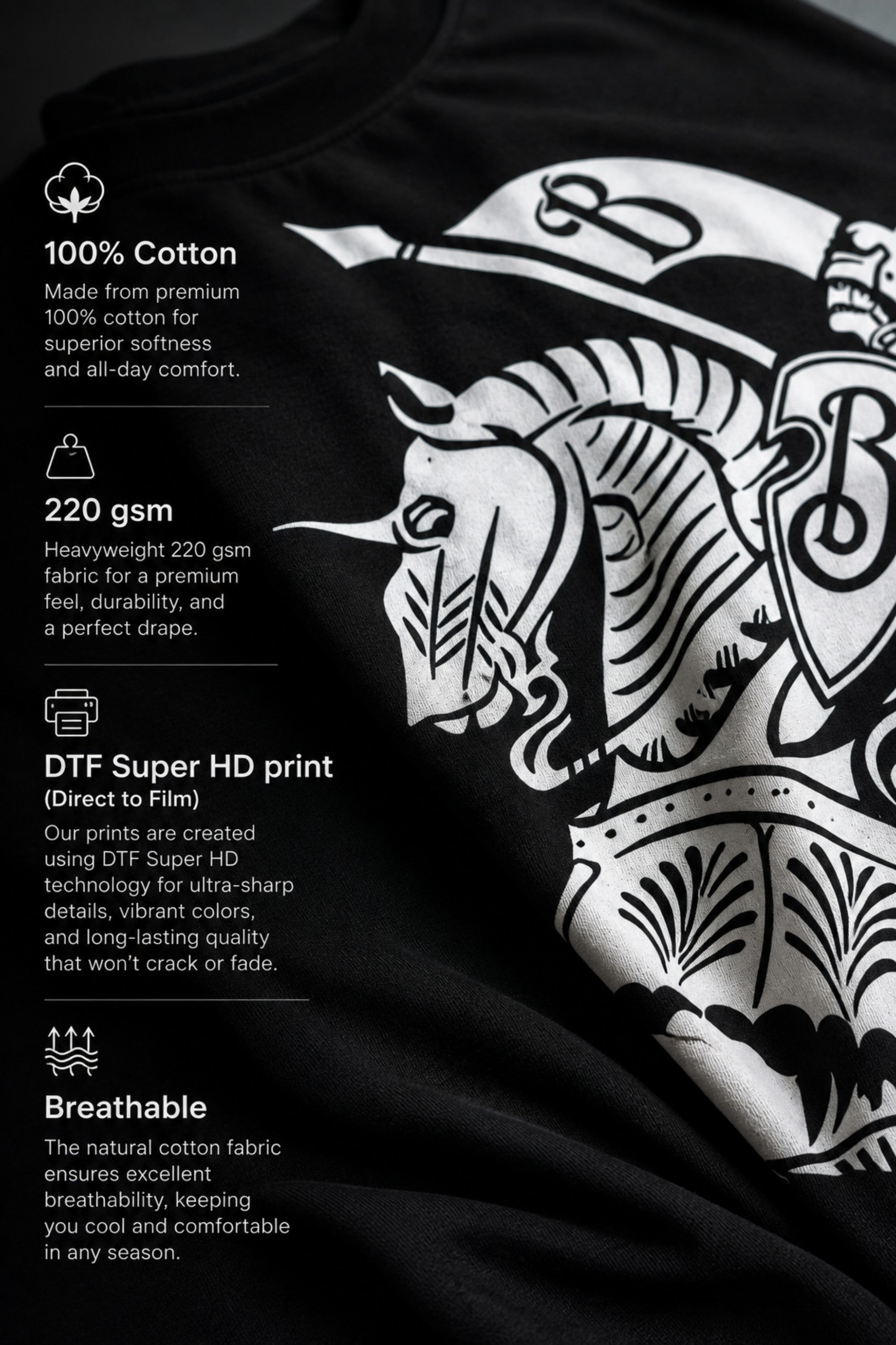 Man wearing a black kuwansugg DESIGN oversized t-shirt with a white graphic print of a knight on a horse. The t-shirt is made of premium cotton.