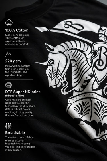 Man wearing a black kuwansugg DESIGN oversized t-shirt with a white graphic print of a knight on a horse. The t-shirt is made of premium cotton.