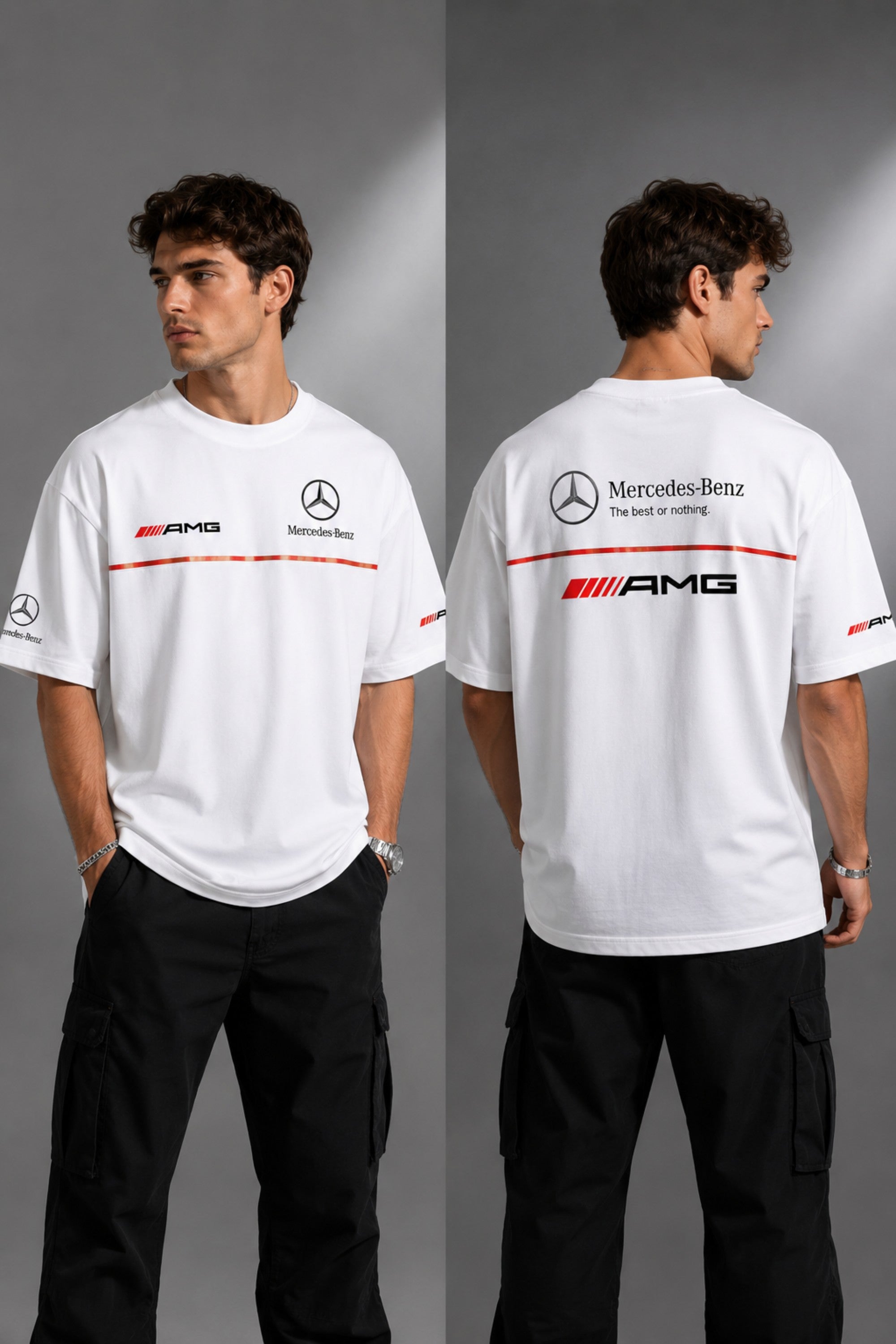 Black Mercedes-Benz and AMG oversized t-shirt with red stripe detail. Features the iconic Mercedes-Benz star logo and AMG lettering. Styled for a premium streetwear look. - white