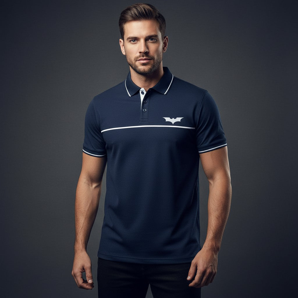 Man wearing a navy blue polo shirt with a logo on a dark background