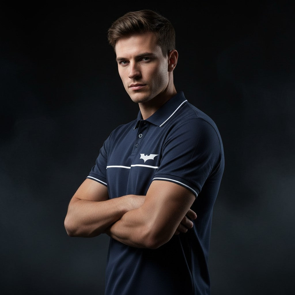 Man wearing a navy blue polo shirt with a logo on a dark background