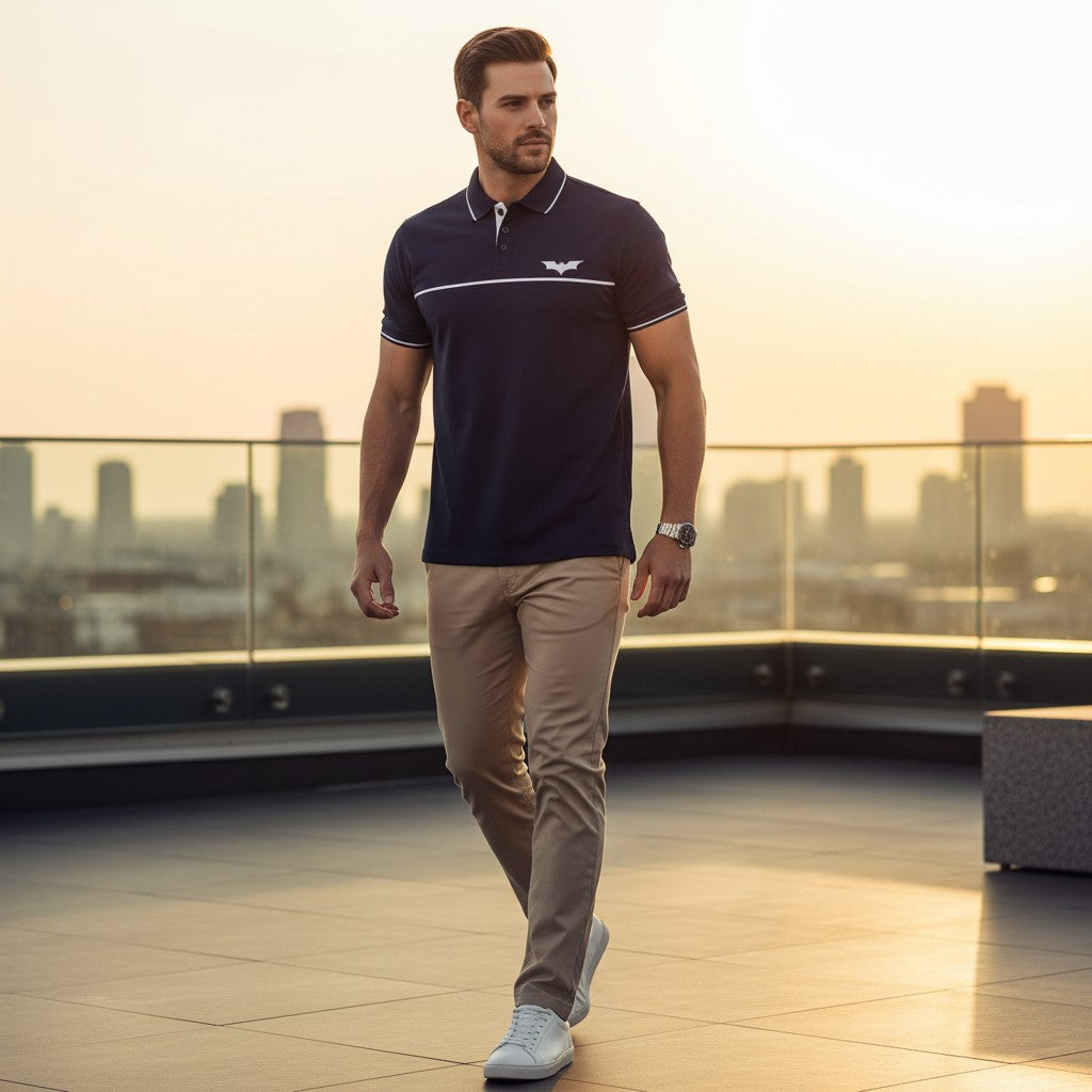 Man walking on a rooftop with a cityscape in the background
