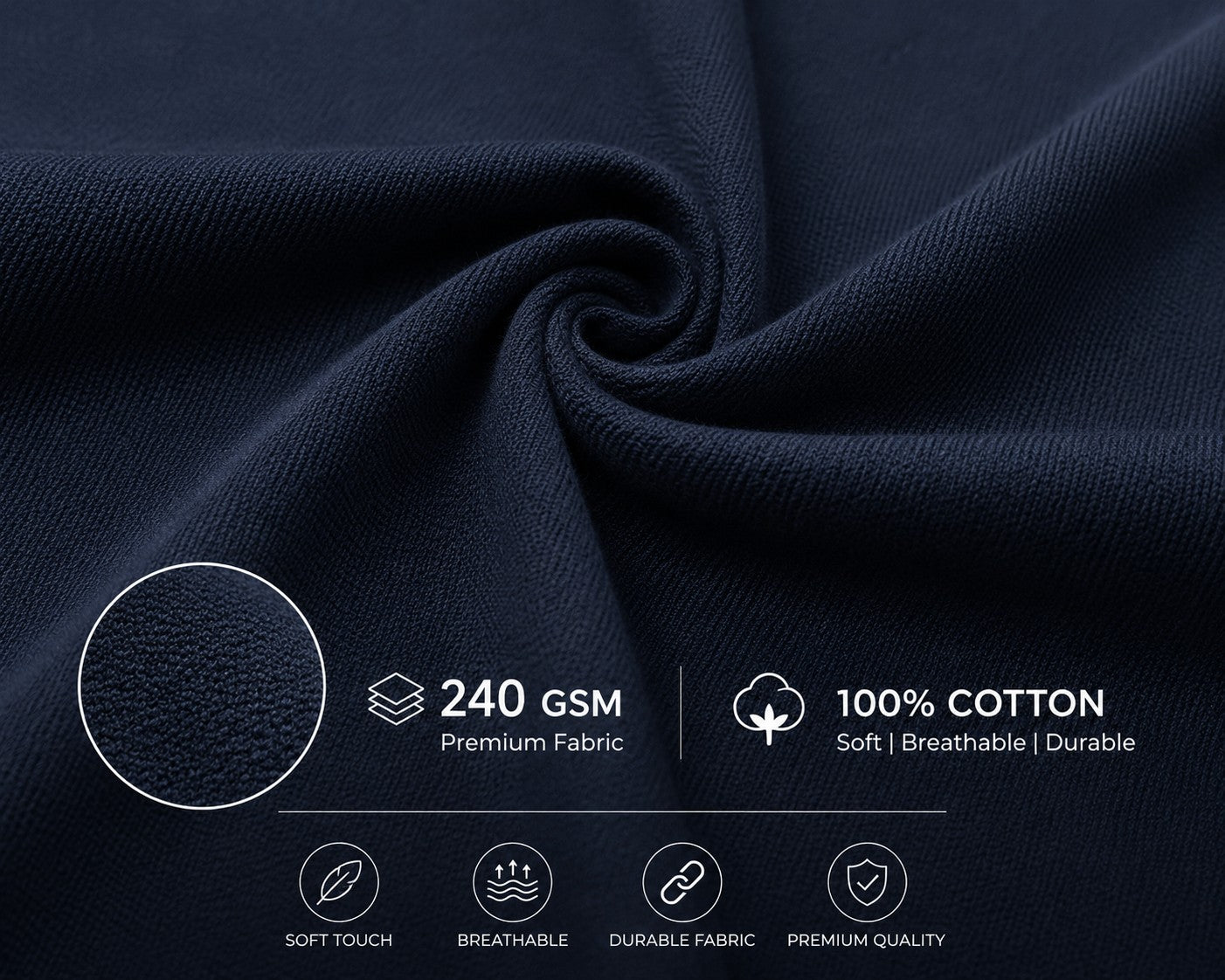Navy blue fabric with text and icons indicating 240 GSM, 100% cotton, soft touch, breathable, durable, and premium quality.